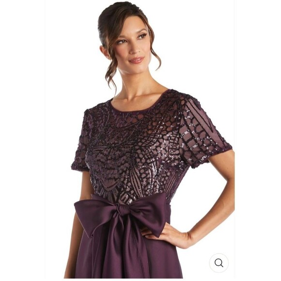 R&M Richards Womens 16 Plum Sequin Lace Formal Dress Hi Low Satin Skirt Gown - Picture 3 of 14